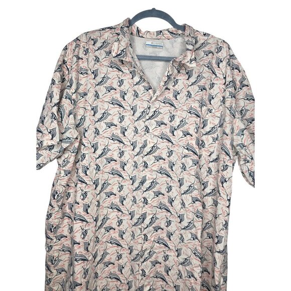 Columbia Shirt Mens XXL 2XL White Geometric PFG Fish Fishing Button Up Collared - Picture 2 of 16